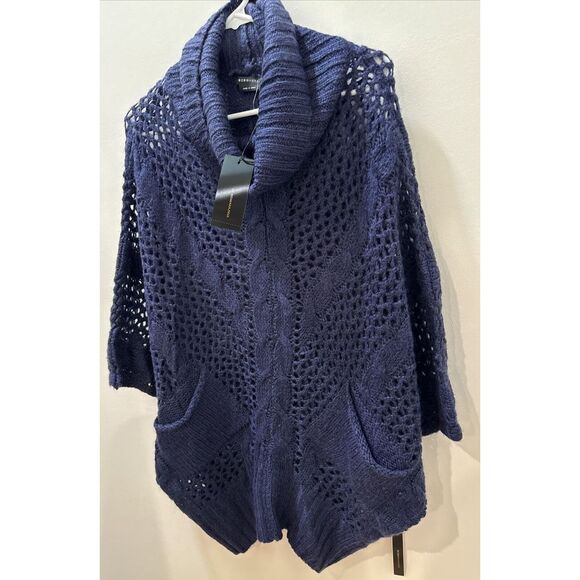 BCBG Maxazria Women's All Navy Blue Turtle Neck Poncho Sweater Size S/M NWT - Picture 2 of 16